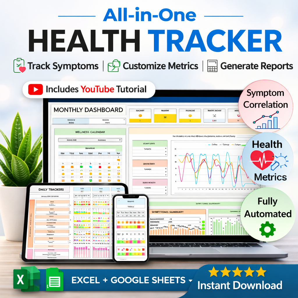 Health Tracker Spreadsheet – Symptom & Pain Tracker, Medical Log, Chronic Illness Tracker, Google Sheets & Excel