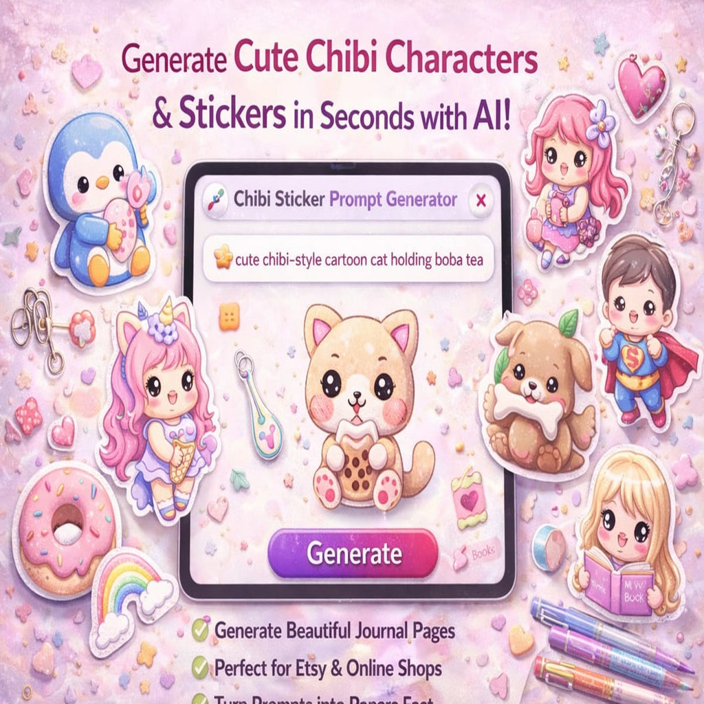 AI chibi character and sticker prompt generator for creating cute chibi stickers for digital products and Etsy shops