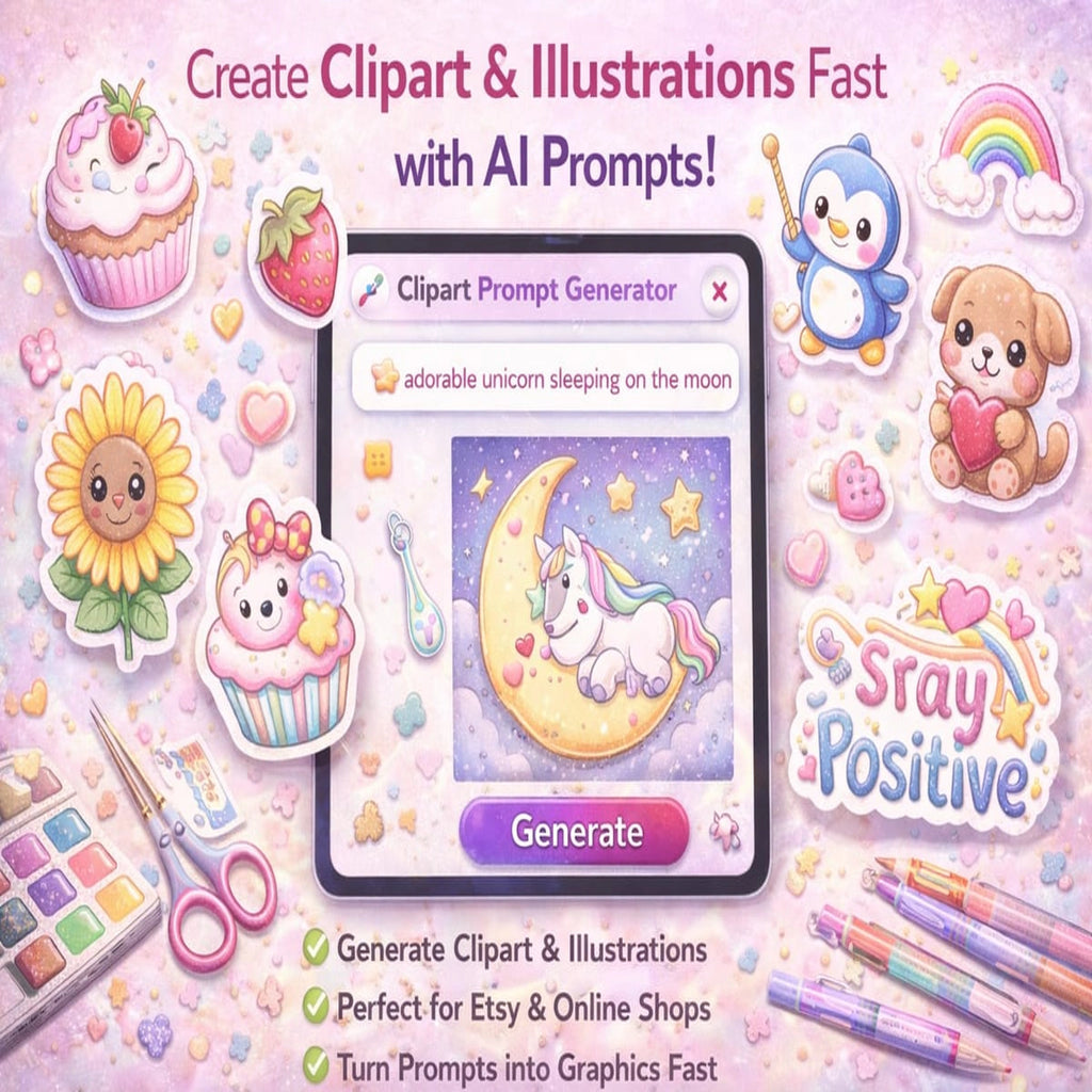 AI clipart prompt generator for creating cute illustrations and clipart graphics for digital products and Etsy shops