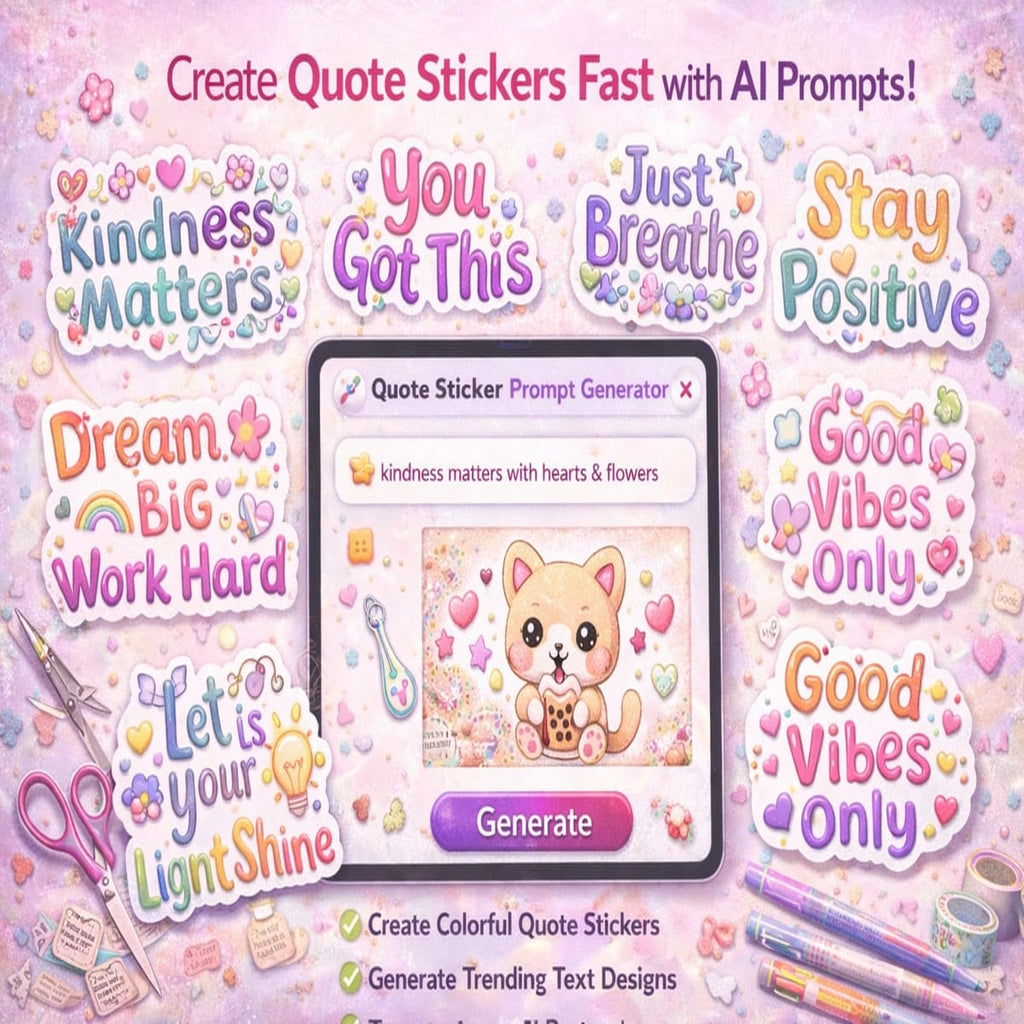 AI quote sticker prompt generator for creating colorful motivational quote stickers for digital products and Etsy shops