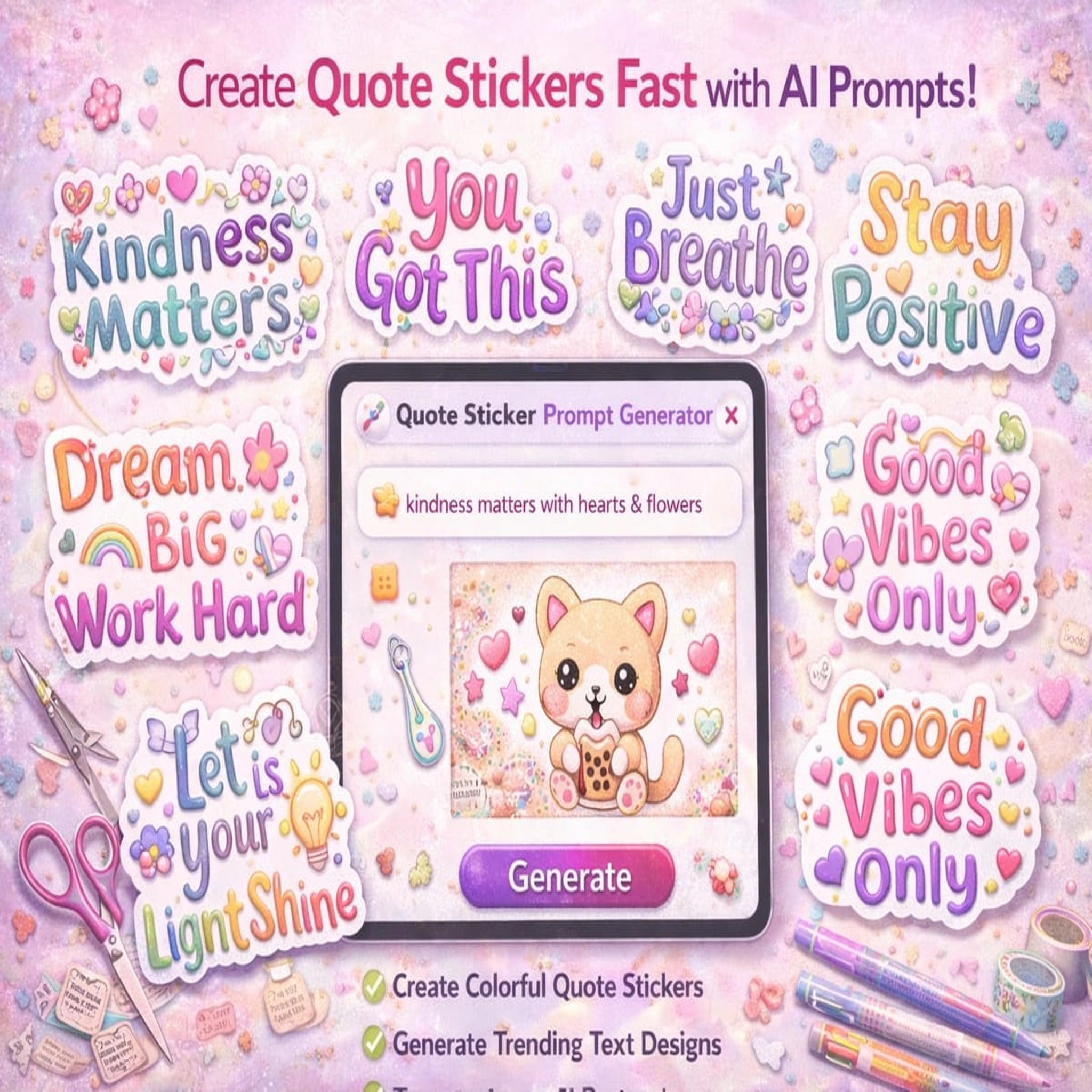 AI quote sticker prompt generator for creating colorful motivational quote stickers for digital products and Etsy shops
