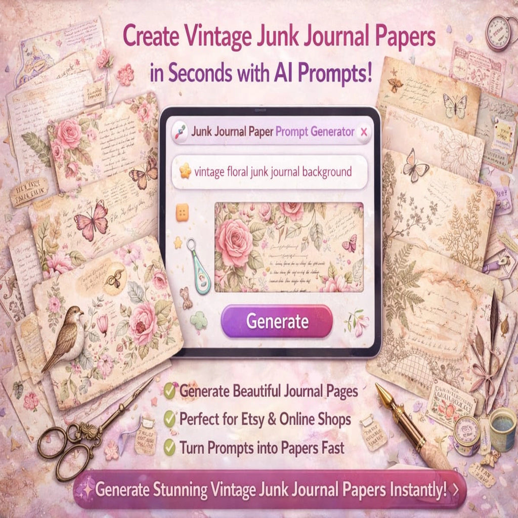 AI prompt generator for creating vintage junk journal papers and floral journal backgrounds for Etsy digital products