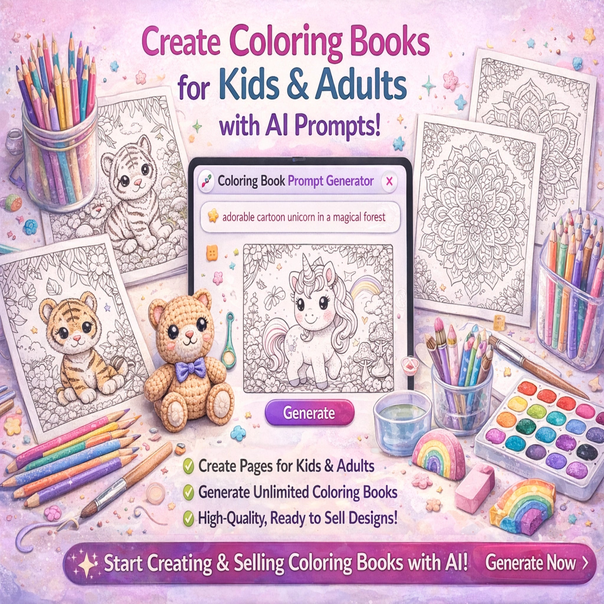AI coloring book prompt generator for creating kids and adult coloring pages and printable coloring books
