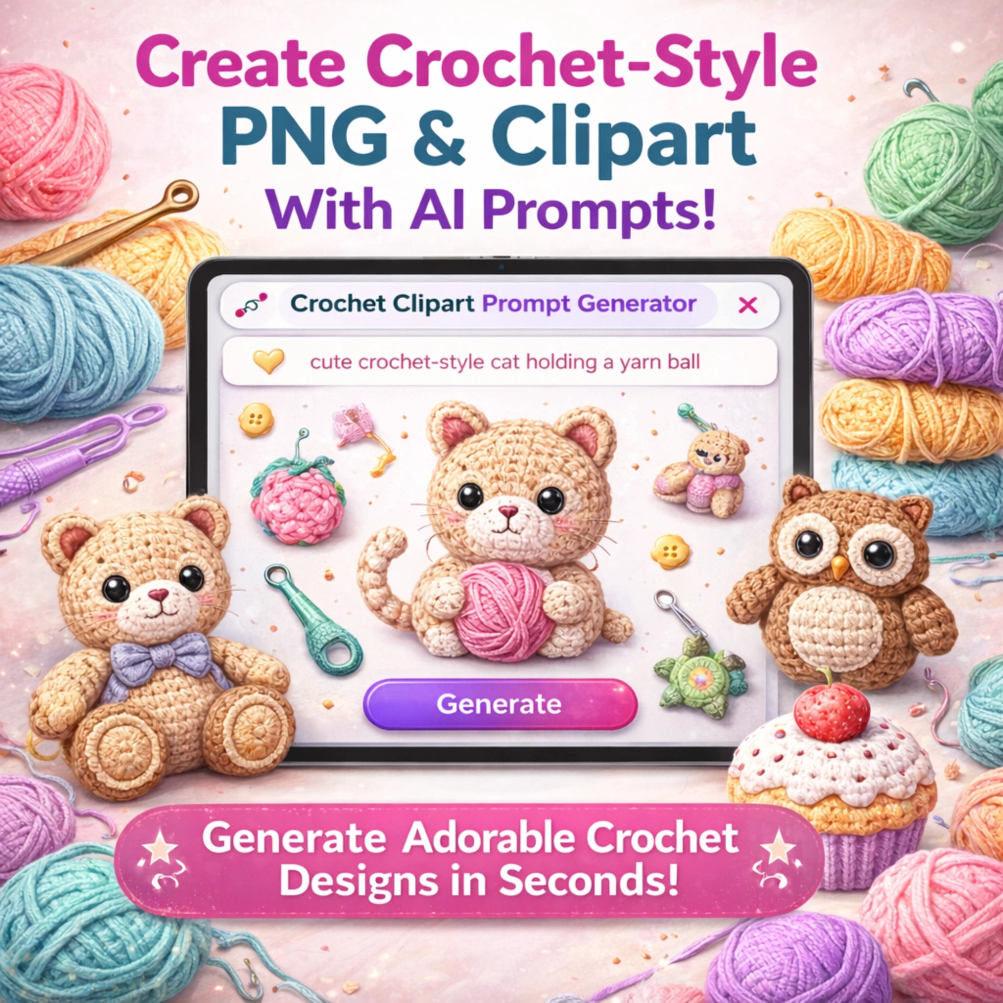 AI crochet clipart generator creating cute crochet style PNG and clipart designs for digital products