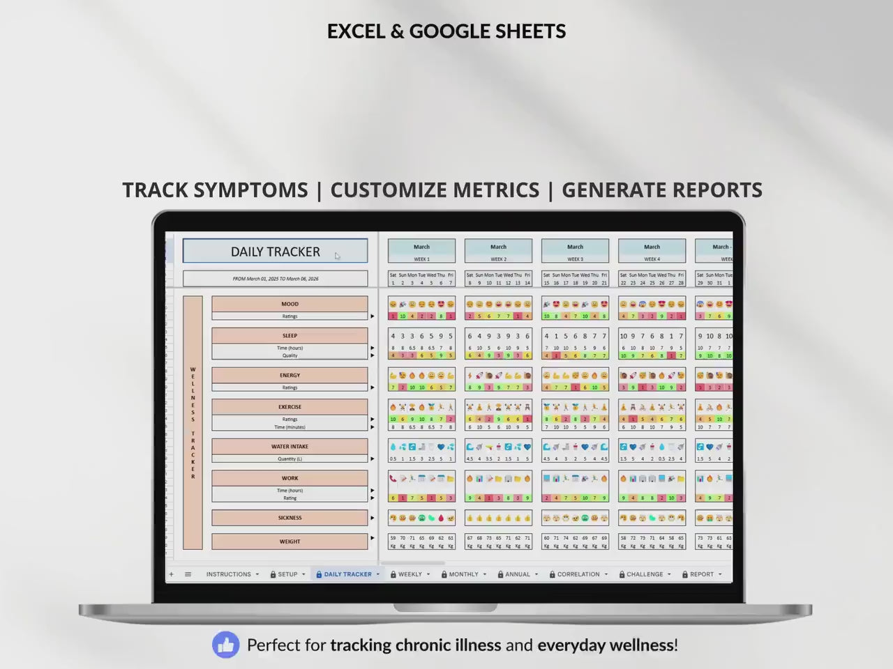 Health Tracker Spreadsheet – Symptom & Pain Tracker, Medical Log, Chronic Illness Tracker, Google Sheets & Excel