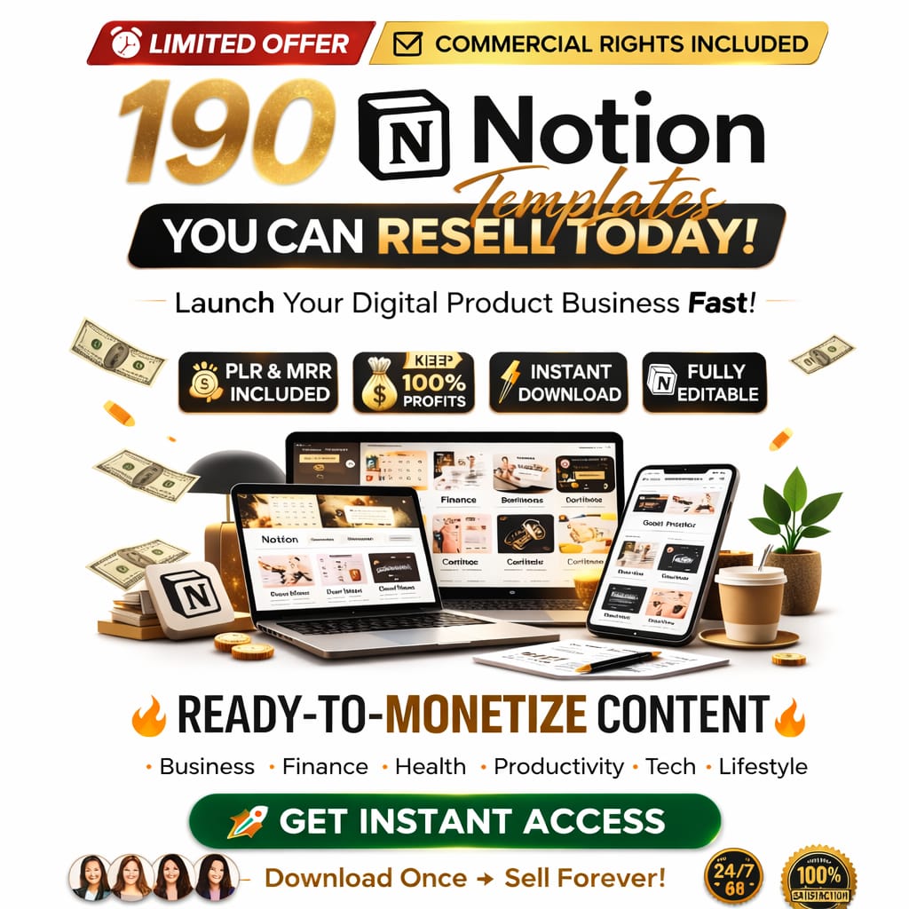 190 Notion PLR Templates & Planners Bundle | PLR Products, Plr Mrr, Master Resell Rights